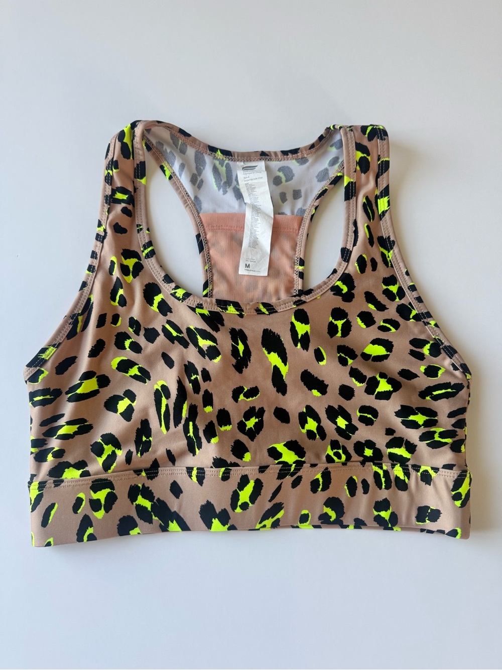 Fabletics Leopard Print Racerback Sports Bra Neon Green Size M